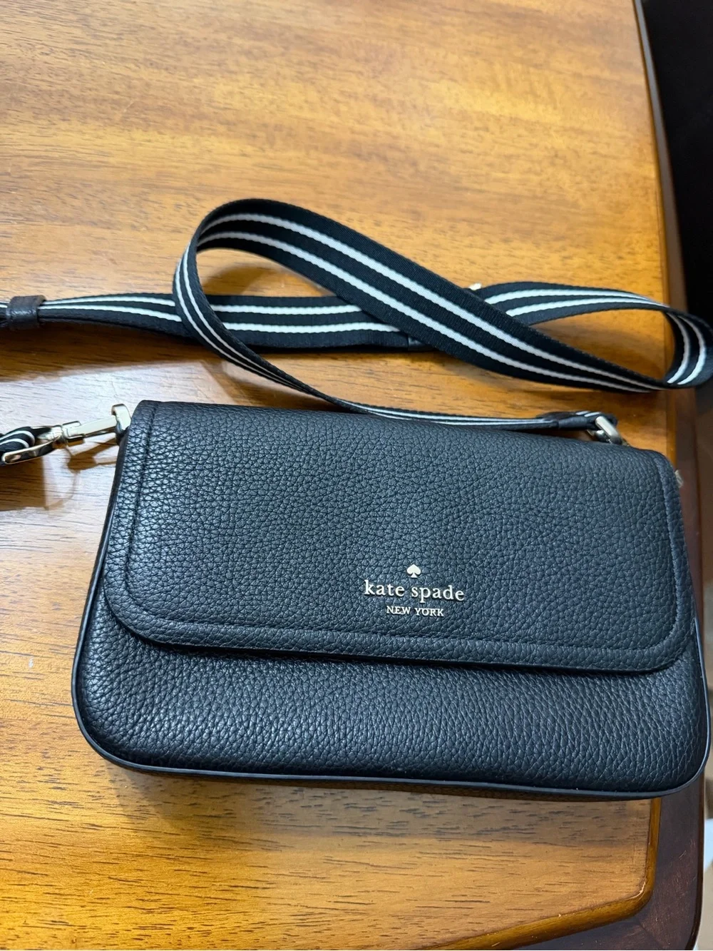 kate spade Black Pebbled Leather Crossbody with Striped Webbing Strap